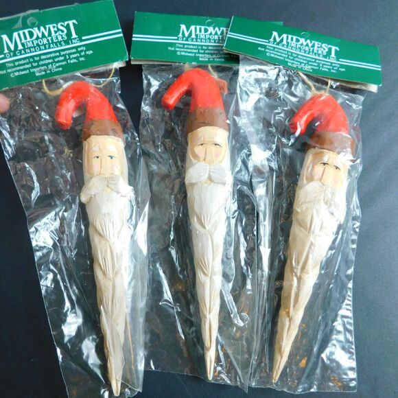 Midwest of Cannon Falls Wood Santa Ornaments Lot of 3 Vintage Carved Long NEW 7" - Picture 1 of 7
